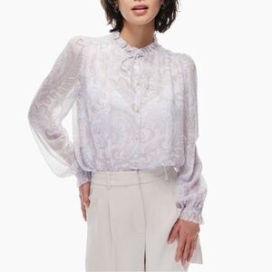Aritzia Wilfred Alexis Button-Up Ruffle Blouse White Grey Paisley Chiffon Sz XS